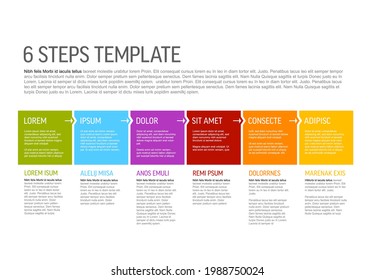 Six Vector Square Flat Progress Steps Template With Arrows And Descriptions. Simple Minimalistic Progress Procedure Schema Template With Six Steps Elements