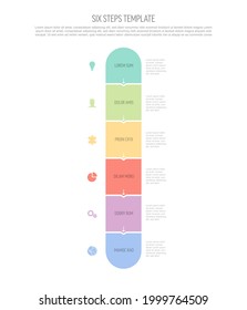 Six vector square flat vertical progress steps template with arrows and descriptions. Simple minimalistic progress procedure schema template with six pastel steps elements on white background