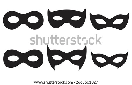 Six versatile black masks for costume, disguise, or superhero themes, offering diverse styles and creative possibilities.