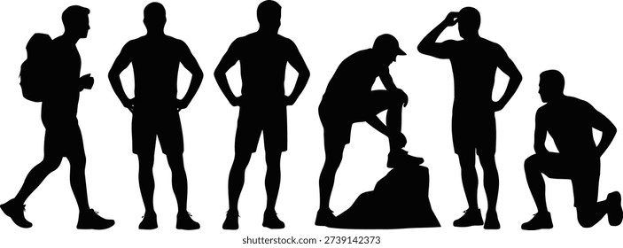 Six versatile black silhouettes of men wearing backpacks and hats, performing various poses related to outdoor exploration.