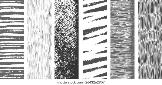 Seis amostras de textura em tons de cinza vertical com grãos listrados de madeira manchados e padrões lineares. Elementos de design de repetição contínua.