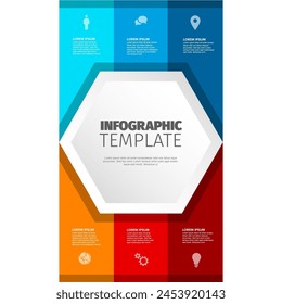 Seis artículos de Vertical infografía Plantilla sobre fondo claro hecho de hexágono blanco grande, rayas azules y rojas con iconos, títulos descripciones. Moderna Plantilla multiusos de infochart