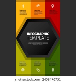 Seis elementos de Vertical infografía Plantilla sobre fondo claro hecho de hexágono oscuro grande, rayas verdes y rojas con iconos, títulos descripciones. Moderna Plantilla multiusos de infochart