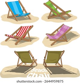 Six vibrant beach chairs with colorful patterns are arranged on patchy sand, creating a relaxed, sunny coastal atmosphere perfect for summer.
