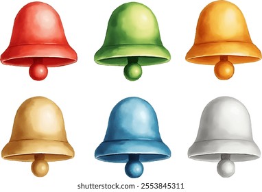 Six vibrant bells in various colors are artistically arranged in two rows. The watercolor style adds a cheerful touch, making them ideal for Christmas decoration and holiday themes.