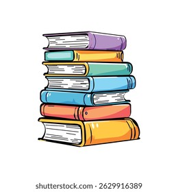 Six vibrant books in a cheerful cartoon style, perfect for education, learning, reading, and literary themes