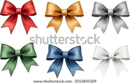 Six vibrant bows in red, gold, silver, green, blue, and white are artistically laid out in two rows. This watercolor illustration showcases elegant designs suitable for holiday decor.