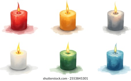 Six vibrant candles in a watercolor style are displayed in two rows. Each candle emits a gentle flame, suitable for creating a cozy atmosphere during holiday celebrations or gatherings.