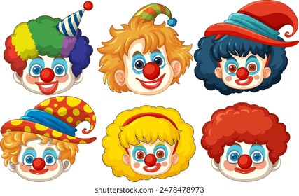 Six vibrant clown faces with different hats