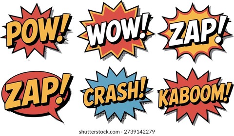 Six vibrant comic book style exclamations POW WOW ZAP CRASH KABOOM with bold colors and dynamic shapes on white. Ideal for energetic communication.
