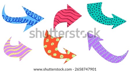 Six vibrant curved arrows with fun textures on a white background. Vector illustration for modern design projects.