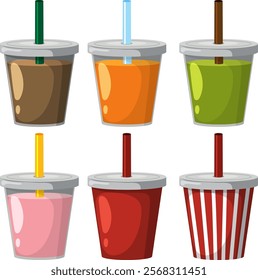 Six vibrant drinks in takeaway cups with straws