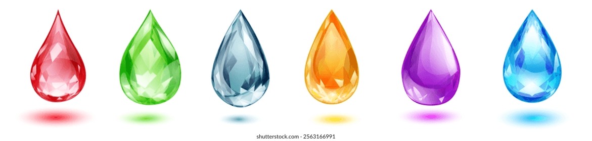 Six vibrant faceted gemstone drops, each with a different color, with soft shadows, isolated on white background.