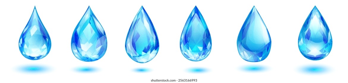 Six vibrant faceted gemstone drops, in blue colors with soft shadows, isolated on white background.