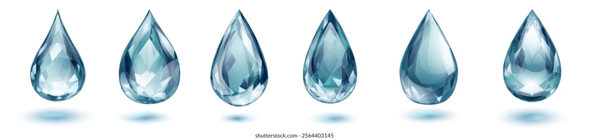 Six vibrant faceted gemstone drops, in light blue colors with soft shadows, isolated on white background.