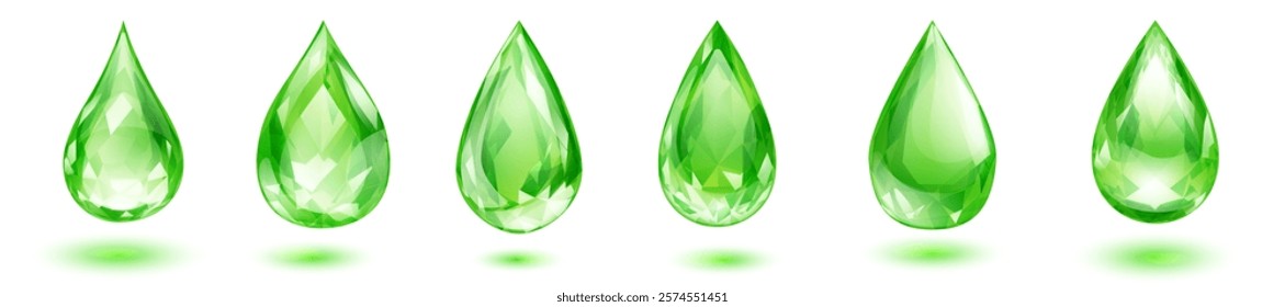 Six vibrant faceted gemstone drops, in green colors with soft shadows, isolated on white background.