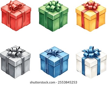 Six vibrant gift boxes are neatly arranged in two rows, each illustrated in watercolor style. The boxes feature various colors and decorative bows, embodying a festive holiday spirit.