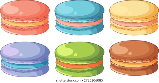 Seis vibrantes macarons de estilo desenhados à mão dispostos em duas linhas contra um plano de fundo branco