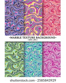 A six vibrant marble texture backgrounds with fluid, wavy patterns. The colors range from blue, green, pink, purple, yellow, and red, creating a dynamic and psychedelic effect.
