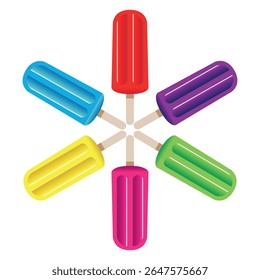 Six vibrant, multicolored ice cream sticks arranged in a circle, creating a playful and refreshing summer scene against a clean white background, evoking feelings of joy and celebration