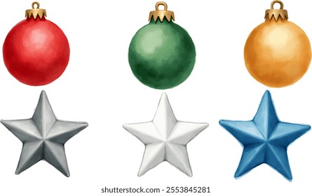 Six vibrant ornaments are displayed in a watercolor style, featuring three spherical decorations and three star shapes, perfect for adding cheer to holiday celebrations.