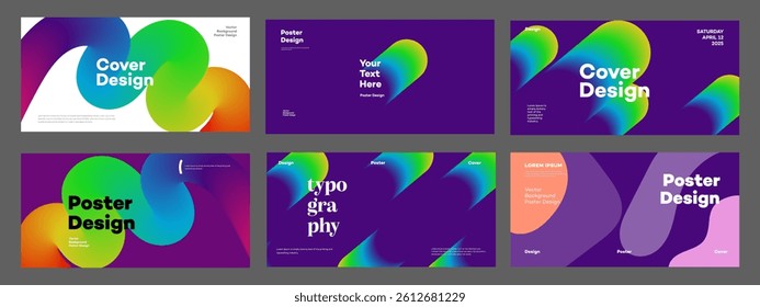 Six vibrant poster and cover designs featuring abstract gradient shapes, dynamic typography, and a modern color palette. Ideal for marketing materials.