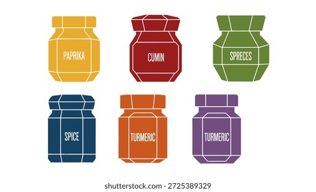 Six vibrant spice jars are presented against a clean white backdrop. Each jar is filled with a different colored spice, and labeled. The design uses flat, bold colors and sharp outlines, suggesting a stylized and illustrative approach. This image is potentially useful for culinary projects, food blogs, or commercial applications.