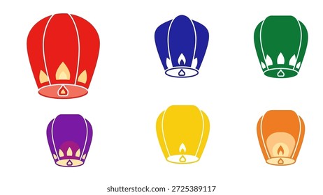Six vibrant, stylized sky lanterns are depicted against a plain white background. Each lantern showcases a unique color, with flames visible below. This vector graphic employs a clean design suitable for various design projects. It could be used for illustrations related to celebrations and cultural events.