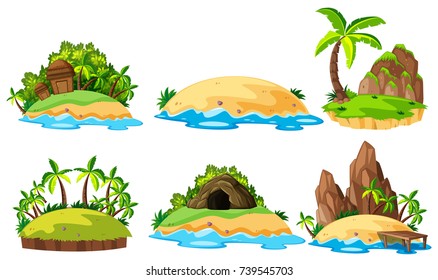 Six views of islands on white background illustration