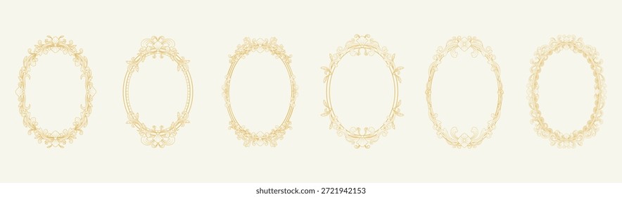 Seis marcos ovalados barrocos vintage engastados en arte de línea dorada sobre un fondo crema pálido, elegantes bordes decorativos.