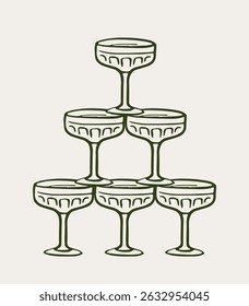 Six vintage coupe glasses arranged in a pyramid shape, simple line art style on a light background. Concept of celebration, elegance, and festivity. Vector illustration