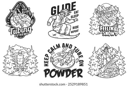 Six vintage emblems show snowboarders and tubers on snowy slopes with inspiring slogans. Monochrome design adds classic touch to snow covered mountains and pine trees. Perfect for adventure seekers