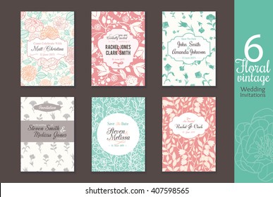 Six vintage floral wedding, save the date invitations card set with bride and groom names, text, repeat pattern backgrounds perfect for any event.