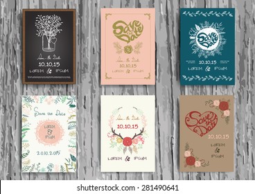 Six vintage hand drawn wedding card design templates. A4. Stock vector.