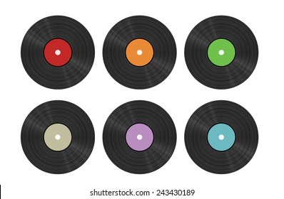 six vinyl discs on white background, isolated