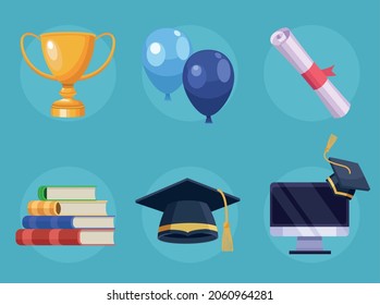 seis iconos de conjunto de graduación virtual