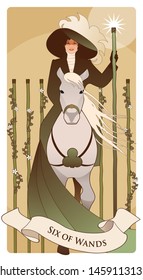 Six of wands. Tarot cards. Elegant lady on horseback, holding a wand with a luminous star and flanked by five wands surrounded by flowers and leaves.