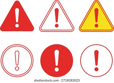 Seis símbolos de aviso com pontos de exclamação em triângulo vermelho e amarelo com sinais de aviso