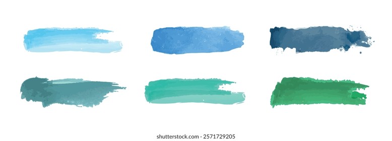 Six watercolor brush strokes in shades of blue and green. Blue brush strokes, green brush strokes, watercolor textures. Artistic brush strokes, watercolor design. Element vector set.