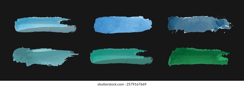 Six watercolor brush strokes in shades of blue and green on a black background. Artistic brush strokes in watercolor. Blue and green brush strokes. Element vector set.