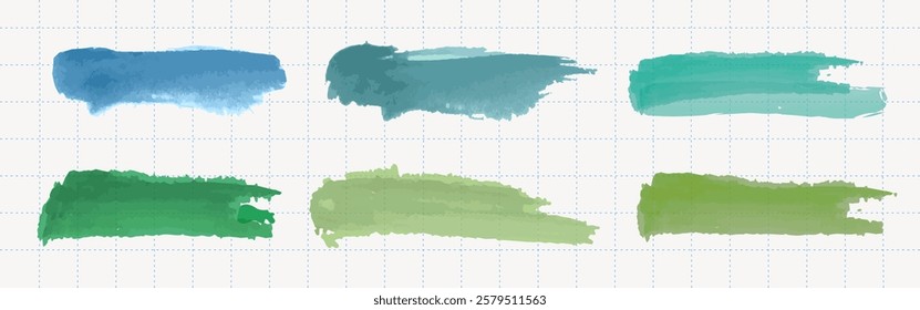 Six watercolor brush strokes in shades of blue and green on a grid background. Artistic brush strokes in various green and blue hues. Watercolor texture. Watercolor element vector set.