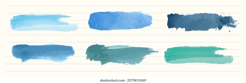 Six watercolor brush strokes in shades of blue and green on a lined background. Blue and green hues create a calming effect. Artistic brush strokes for design. Watercolor element vector set.