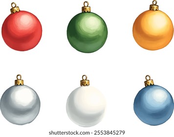 Six watercolor style Christmas ornaments are displayed in two rows, featuring vibrant colors of red, green, gold, silver, and blue. These decorative items embody the festive spirit of the holidays.