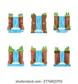 Six waterfall scenes show blue water flowing between brown rocky cliffs with pine trees, green shrubs, foam, and pools on a white background.