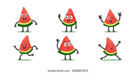 Six Watermelon Cartoon Characters Displaying Playful and Expressive Emotions
