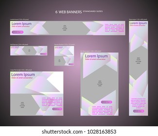 Six web banners standard sizes with space for photo. Leaderboard, Half banner, square button, large rectangle, fat skyscraper, skyscraper. Vector illustration. EPS 10
