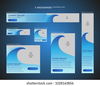 Six Web Banners Standard Sizes With Space For Photo. Leaderboard, Half Banner, Square Button, Large Rectangle, Fat Skyscraper, Skyscraper. Vector Illustration. EPS 10