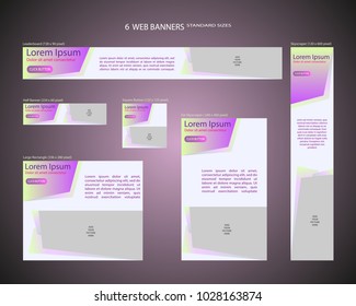 Six web banners standard sizes with space for photo. Leaderboard, Half banner, square button, large rectangle, fat skyscraper, skyscraper. Vector illustration. EPS 10