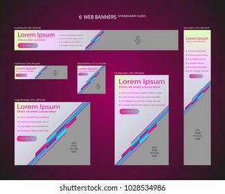 Six web banners standard sizes with space for photo. Leaderboard, Half banner, square button, large rectangle, fat skyscraper, skyscraper. Vector illustration. EPS 10