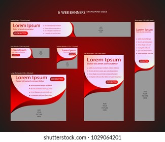 Six Web Banners Standard Sizes With Space For Photo. Leaderboard, Half Banner, Square Button, Large Rectangle, Fat Skyscraper, Skyscraper. Vector Illustration. EPS 10